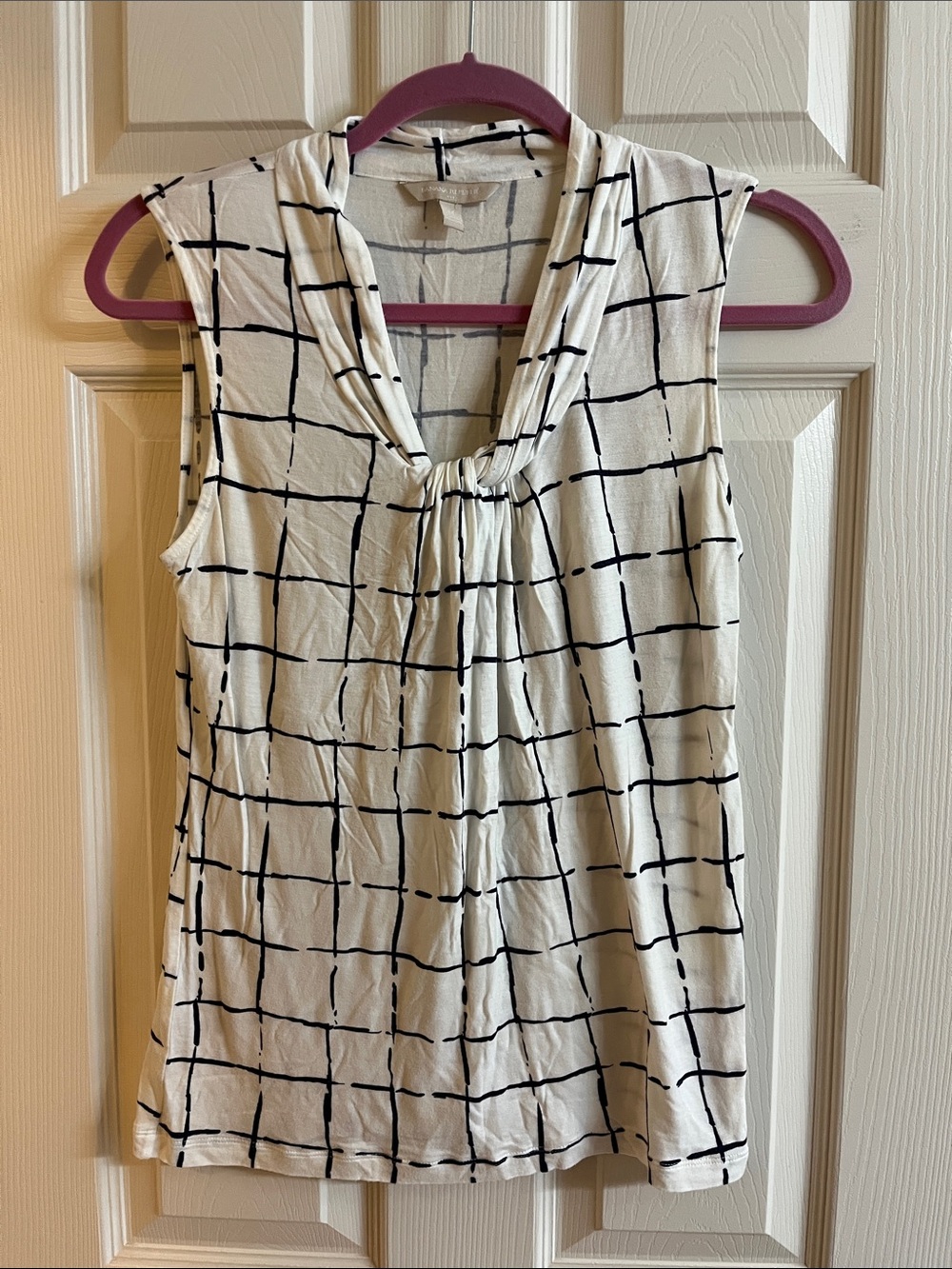 Banana Republic White Sleeveless Blouse with Navy Windowpane
